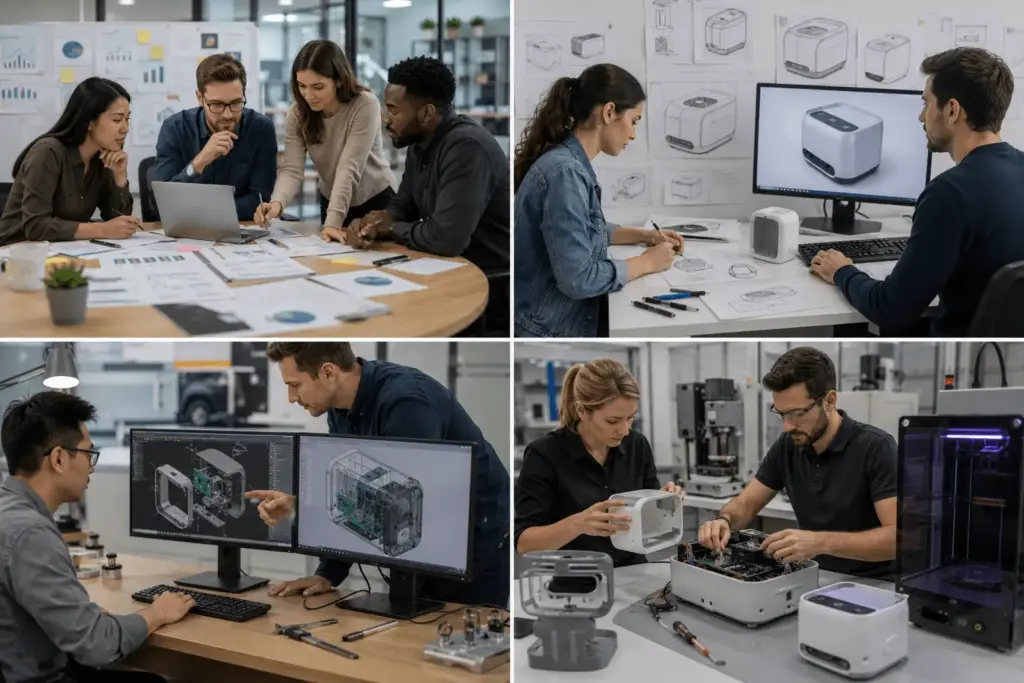 Professional product development process including market research, industrial design, CAD engineering, prototyping, and product design collaboration for an electronic device.
