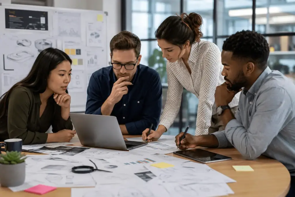 A diverse team of four professionals collaborates around a table covered with product sketches, charts, and a laptop, reviewing research and brainstorming ideas in a modern office setting.